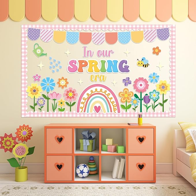 Spring Bulletin Board Decoration Set Floral Classroom Decoration Flowers Rainbow Bee Paper Cutouts in Our Spring Era Bulletin Board for School Office Home Nursery Chalkboard Wall Decor Party Supplies
