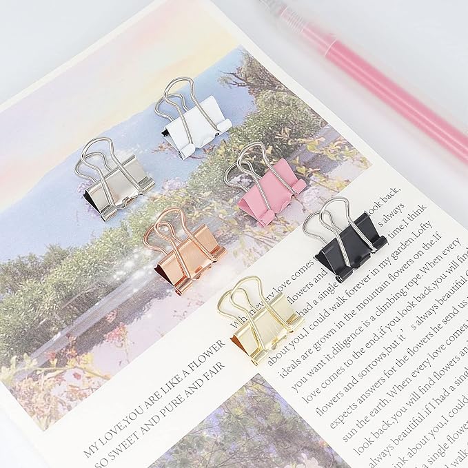 Rose Gold Binder Clips, Mini Paper Clip, Small Paper Clamps 15mm (5/8 inch), 100 Pack Micro Size Office Clips for Home School and Business (Rose Gold)
