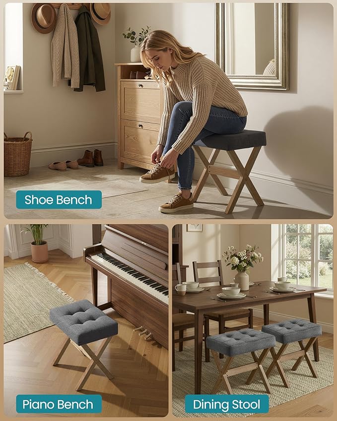 SONGMICS Makeup Stool, Padded Vanity Stool, Foot Rest, Solid Wood X Legs, for Bedroom, Closet, Entryway, 12.6 x 16.5 x 18.1 Inches, Slate Gray and Brown ULSF006GN01