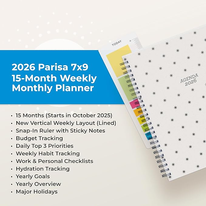 Blue Sky 15 Month 2026 Weekly and Monthly Planner Calendar, October 2025 - December 2026, 7" x 9", Flexible Cover, Durable Twin Wire Binding, Laminated Tabs, Includes Ruler & Sticky Notes, Parisa