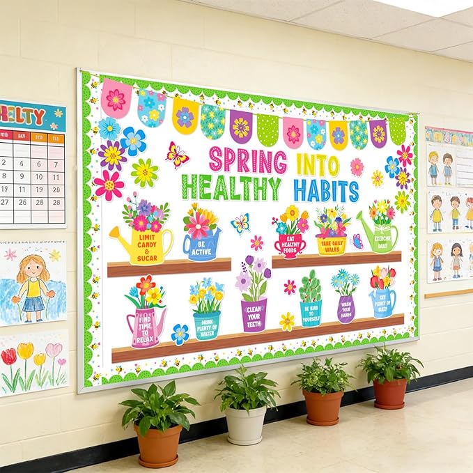 94 PCS Spring Bulletin Board Decoration - Flower Themed Classroom Decor Flower Bookshelf Bulletin Board Decor Spring into Healthy Habits for Offices Chalkboard Library Back to School Party Supplies