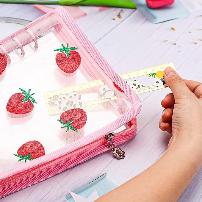 AxeWoodz Pink A5 Zipper Binder Clear Refillable Notebook Shell Cute Strawberry Lace Cover 6 Ring PVC Binder Cover for Photocard Planner Journal Photo Album