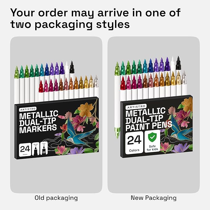 ARTISTRO 24 Metallic Acrylic Paint Markers - Paint Pens for Calligraphy, Brush + Fine Tips - Vision Board Supplies - Kit for Scrapbooking and Journaling - Art Supplies for Adults, Teens, Kids