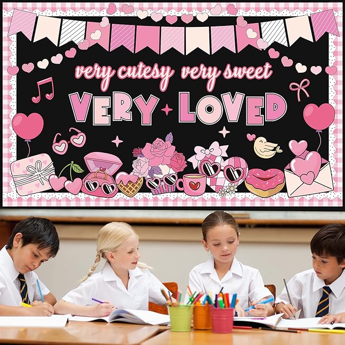 Valentine's Day Bulletin Board Decorations Set Pink Love Heart Paper Cutouts for Happy Valentine's Day Classroom Decorations Valentines Bulletin Board for School Home Classroom Chalkboard Wall Decor
