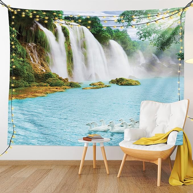 Ambesonne Waterfall Tapestry King Size, Image of a Grand Waterfall with Swans in the Lake Sunny Day Nature Print, Wall Hanging Bedspread Bed Cover Wall Decor, 104" X 88", White Green