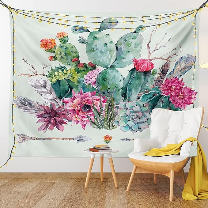 Ambesonne Cactus Tapestry, Spring Garden Boho Style Bouquet of Thorny Plants Blossoms Arrows Feathers, Wide Wall Hanging for Bedroom Living Room Dorm, 60" X 40", Rose Green Brown