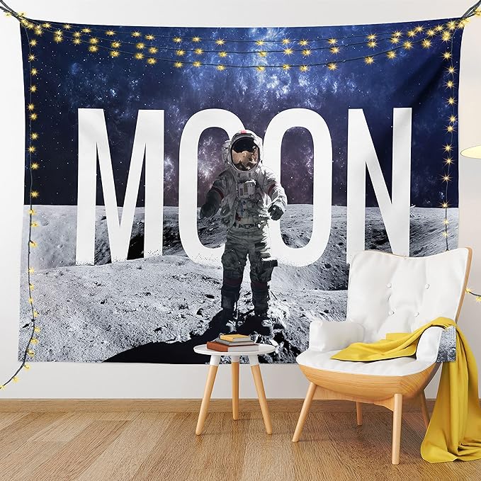 Ambesonne Outer Space Tapestry, Miniature Toy Astronaut on The Foreground of Giant Moon Big Bang Mars Print, Fabric Wall Hanging Decor for Bedroom Living Room Dorm, 28" X 23", Grey Blue