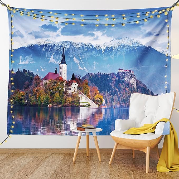 Ambesonne Landscape Tapestry Twin Size, Photo of Bled in Slovenia with Lake Snowy Mountains and a Castle Pastoral Scenery, Wall Hanging Bedspread Bed Cover Wall Decor, 68" X 88", Blue Lavender
