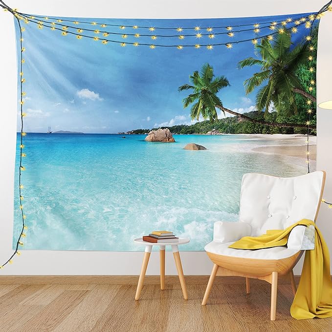 Ambesonne Ocean Tapestry Twin Size, Anse Lazio Beach at Praslin Island Surfing Beach Scenic View Travel, Wall Hanging Bedspread Bed Cover Wall Decor, 68" X 88", Blue and Turquoise