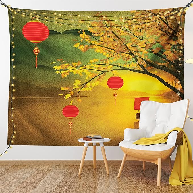 Ambesonne Oriental Tapestry King Size, Traditional Chinese Folk Hanging from Pale Fall Trees Lake Faded Nature Photo, Wall Hanging Bedspread Bed Cover Wall Decor, 104" X 88", Yellow Green