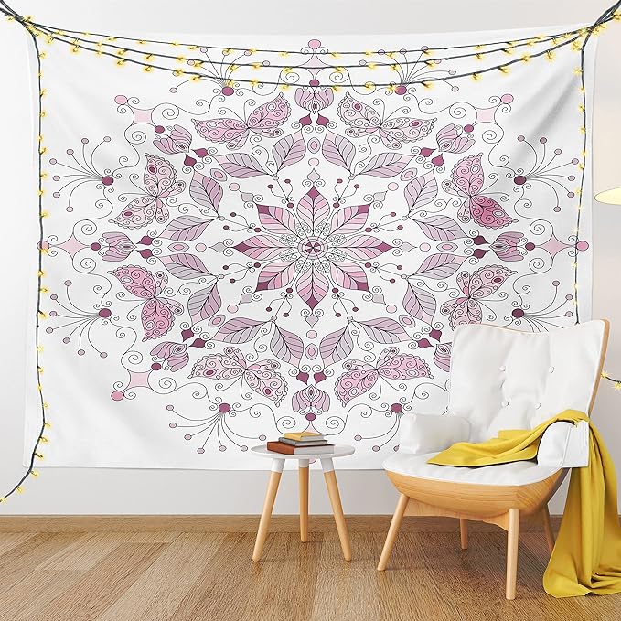 Ambesonne Mandala Tapestry, Lacy Inspired Pastel Floral Motif with Butterfly and Lotus Branches Design, Fabric Wall Hanging Decor for Bedroom Living Room Dorm, 30" X 45", White Pale Pink