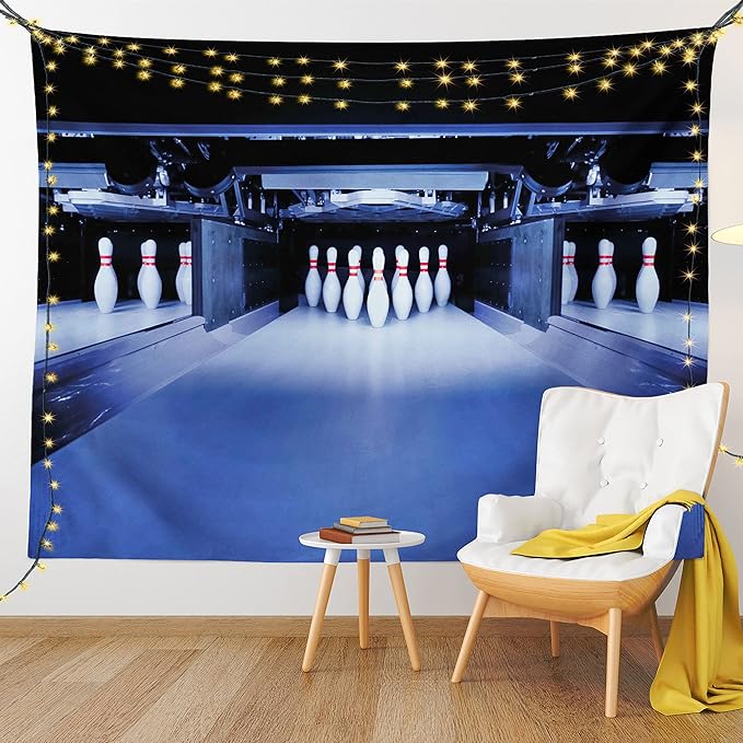 Ambesonne Bowling Party Tapestry, Symmetrical Bowling Pins on an Empty Alley Hobby Fun Challenge Theme, Fabric Wall Hanging Decor for Bedroom Living Room Dorm, 23" X 28", Blue White Red