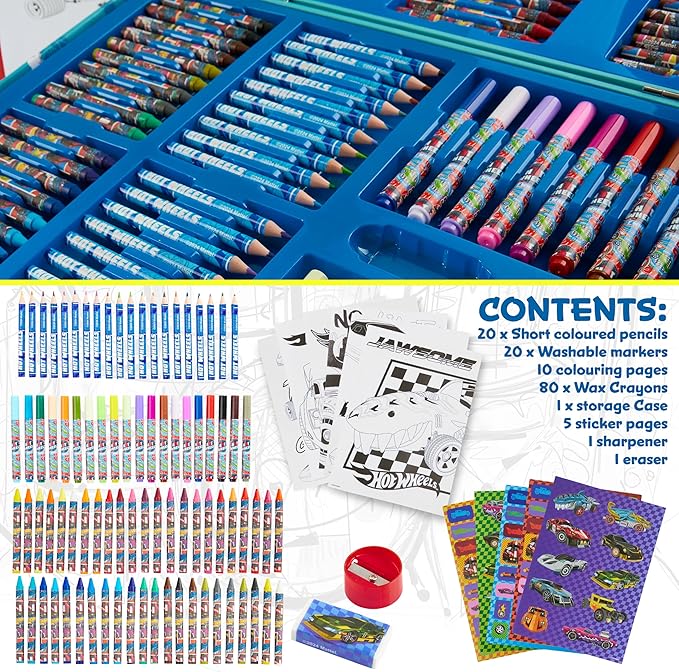 Hot Wheels Colored Pencils Art Supplies 130 pcs Drawing Kit School Supplies Painting Girls Drawing Pencils Art Kit Travel Case with Crayons Arts and Crafts for Kids 4-12