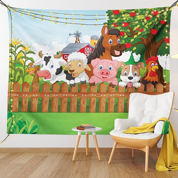 Ambesonne Cartoon Tapestry Queen Size, Composition Farm Animals on Fence Comic Mascots Dog Cow Horse Design, Wall Hanging Bedspread Bed Cover Wall Decor, 88" X 88", Green Multicolor
