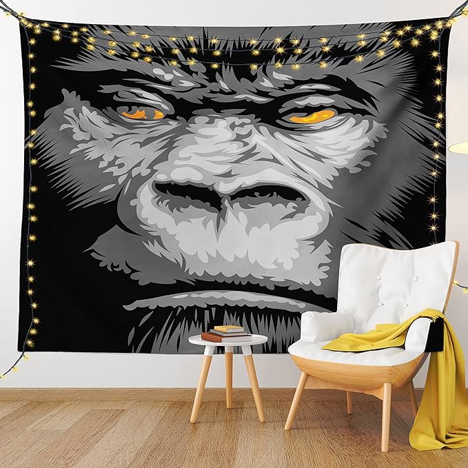 Ambesonne Modern Tapestry Twin Size, Close up Gorilla Portrait with Orange Eyes Zoo Jungle Animal Wild Money Graphic, Wall Hanging Bedspread Bed Cover Wall Decor, 68" X 88", Grey Marigold