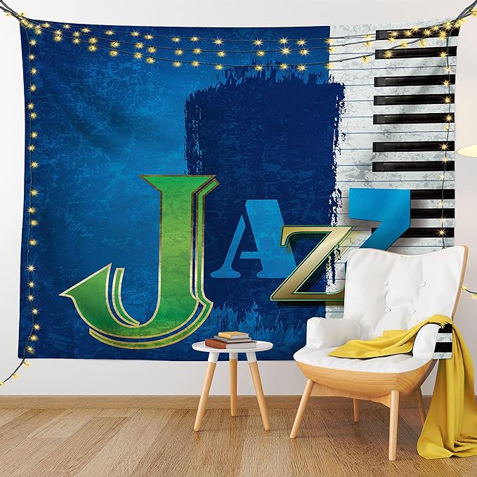 Ambesonne Jazz Music Tapestry King Size, Abstract Cracked Background Piano Keys Themed Print Rhytym Image, Wall Hanging Bedspread Bed Cover Wall Decor, 104" X 88", Navy Green White