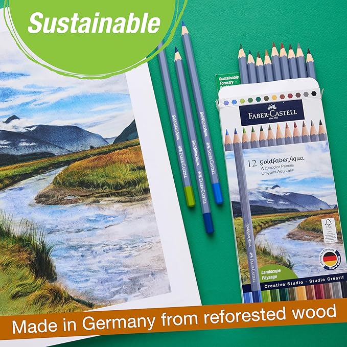 Faber-Castell Goldfaber Aqua Watercolor Pencils: Landscape Colored Pencils for Portraits, Dual Use Wet or Dry, Break-Resistant Cores, Art Supplies for Teens & Adults (12 Count)