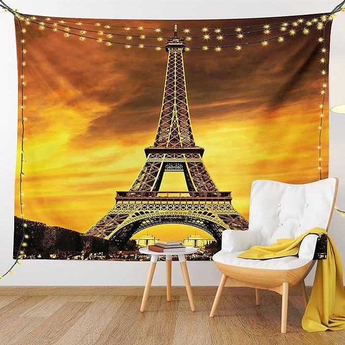 Ambesonne Eiffel Tower Tapestry Twin Size, Paris Love City Monument in Dramatic Sunrise Picture of French Landmark, Wall Hanging Bedspread Bed Cover Wall Decor, 68" X 88", Yellow Brown