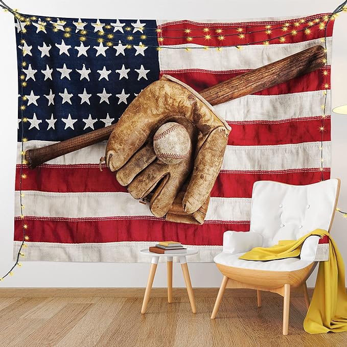 Ambesonne Baseball Tapestry, Vintage Baseball League Equipment Usa Grunge Glove Bat Fielding Sports Theme, Fabric Wall Hanging Decor for Bedroom Living Room Dorm, 45" X 30", Red Brown
