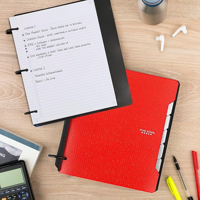 Five Star Flex Refillable Notebook + Study App, College Ruled Paper and 1-1/2 Inch TechLock Ring Binder with Pockets, Tabs and Dividers, 300 Sheet Capacity, Fire Red (29324AB2)