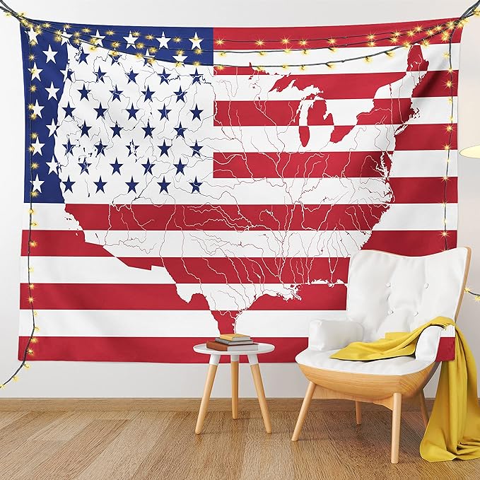 Ambesonne American Flag Tapestry, America Continent Shaped Flag Martial Design International World Glory Print, Fabric Wall Hanging Decor for Bedroom Living Room Dorm, 28" X 23", Indigo Red