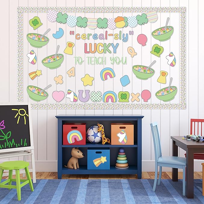 St. Patrick's Day Bulletin Board - 137pcs Cereal-sly Lucky Charms Cutout with Banner Decor Set, Shamrock Rainbow Clover Chalkboard Classroom Wall Accents Ideas Kits for Irish Day Party Supplies