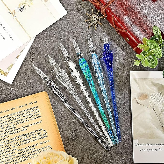 Zonon 6 Pieces Handmade Glass Dip, Crystal Glass Signature Calligraphy Vintage Dip Ink Pen Borosilicate Present Pen for Writing Drawing Decoration(Classic Color,Elegant Style)