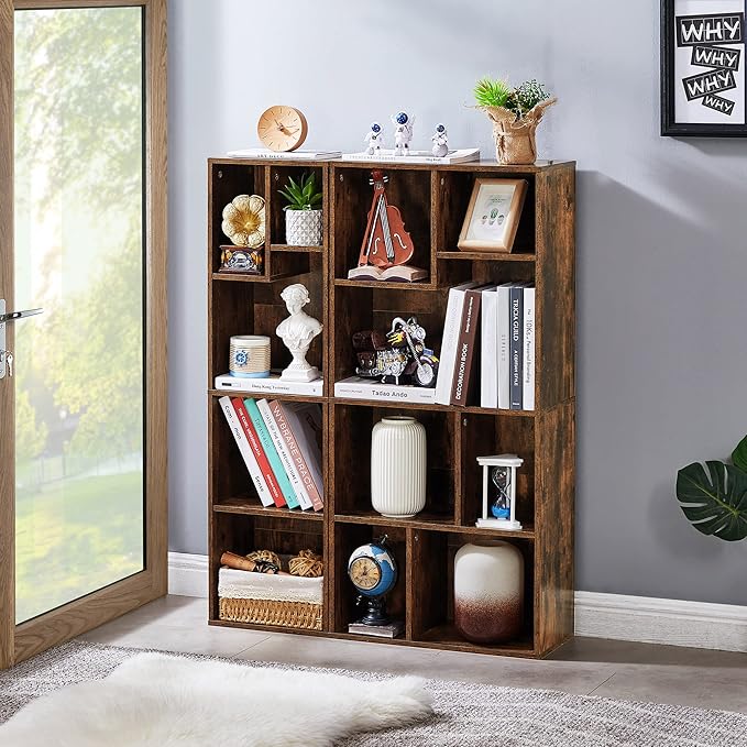 VECELO Small Bookshelf, 5 Cube Slim Bookcase, Fits Tallest Hardcovers, Horizontal Available, Modern Floor Standing Unit, Each Shelf Hold Up to 66 LBS,Brown