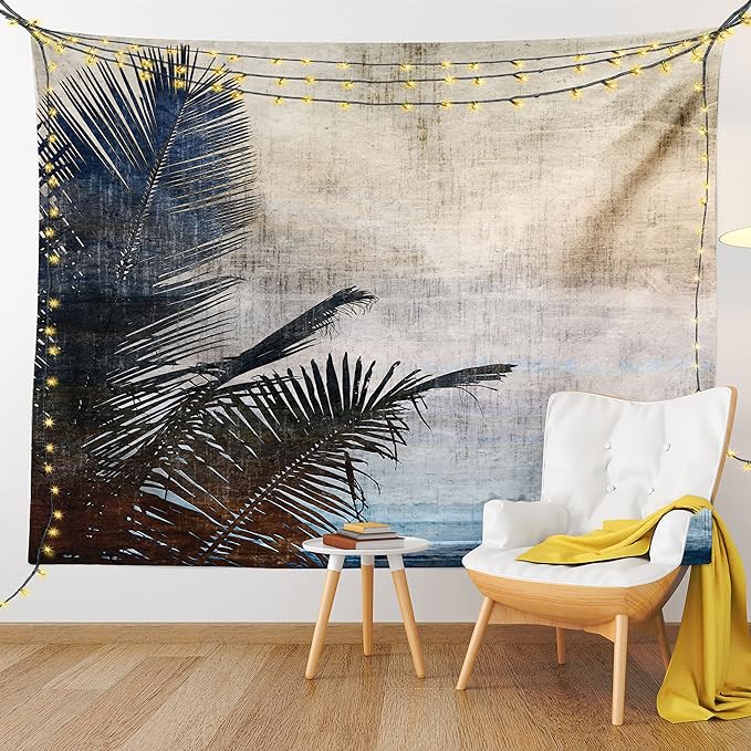 Ambesonne Hawaiian Tapestry, Palm Tree Leaves on Grunge Background with Sea Vintage Waterscape Illustration, Fabric Wall Hanging Decor for Bedroom Living Room Dorm, 30" X 45", Beige Indigo