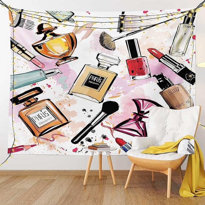 Ambesonne Fashion Tapestry, Cosmetic and Makeup Theme Pattern Perfume Lipstick Nail Polish Brush Modern, Wide Wall Hanging for Bedroom Living Room Dorm, 80" X 60", Coral White