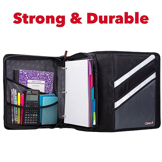 Case-it The Z Shape Zipper Binder - Two Binders in One - Double Sided 1.5 Inch D-Ring - Multiple Pockets - 500 Page Capacity - Comes with Shoulder Strap, Jet Black Z-176