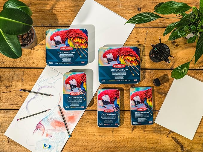 Derwent Chromaflow Colored Pencils Tin, Set of 24, Great for Holiday Gifts, 4mm Wide Core, Multicolor, Smooth Texture, Art Supplies for Drawing, Blending, Sketching, Professional Quality (2305857)