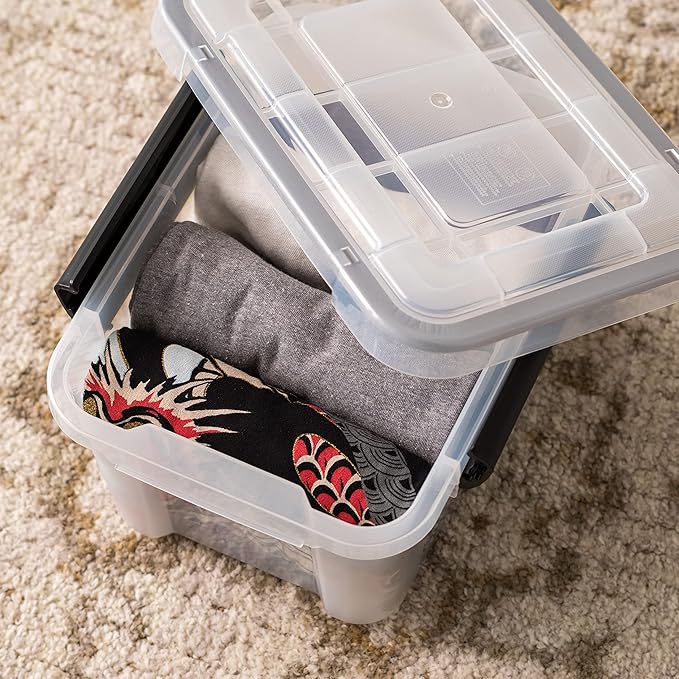 IRIS USA 7 Quart WEATHERPRO Plastic Storage Box with Durable Lid and Seal and Secure Latching Buckles, 6 Pack, Weathertight, Keep Pest Dust and Moisture Out, Clear/Black