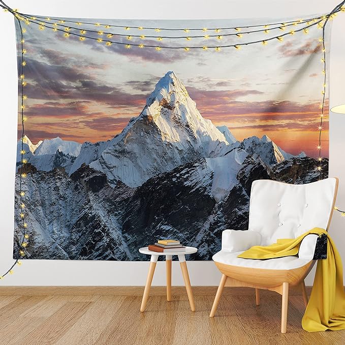 Ambesonne Mountain Tapestry, Evening South High Hill Above the Sky Colorful Nepal Everest Photo, Fabric Wall Hanging Decor for Bedroom Living Room Dorm, 30" X 45", Bluegrey Salmon