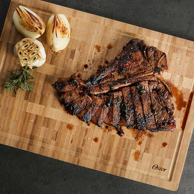 Oster Capeheart Rectangular End Grain Bamboo Cutting Board – 16.5" x 11.8" Wooden Durable Kitchen Chopping Carving Boards with Juice Grooves, Oil Finished