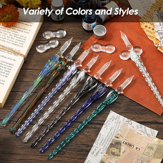 Outus 9 Pieces Glass Dip Pen Handmade Glass Signature High Borosilicate Crystal Vintage Dip Pen with 9 Pieces Penholder for Writing Drawing Calligraphy(Fashion Style,Mixed Color)