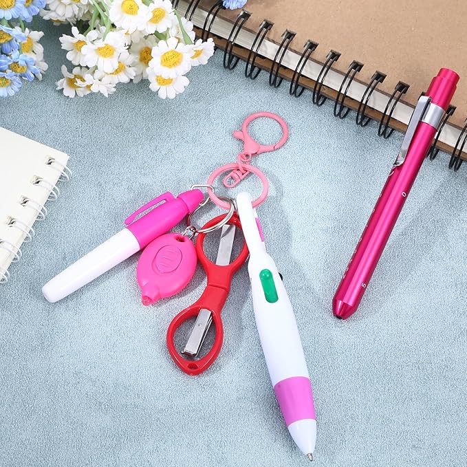 6 Pcs Nurse Pens for Badge Set,Nurse Badge Accessories with Reel Pen,Nursing Accessories Healthcare with Pens,Highlighter and Permanent Marker Pen and Led Keychain Foldable Scissors(Pink)