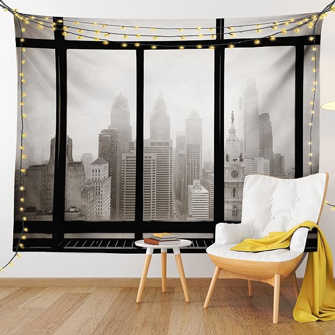 Ambesonne City Tapestry, Philadelphia City Rooftop View Through Window Skyline Landmark Rooftop Travel, Wall Hanging for Bedroom Living Room Dorm Decor, 40" X 60", Grey Black