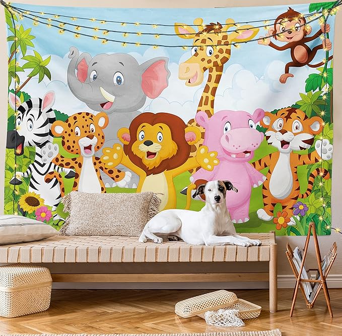 Ambesonne Cartoon Tapestry, Comic Savannah Animals Playful Friendly Savannah Jungle Happy Wildlife Nature, Fabric Wall Hanging Decor for Bedroom Living Room Dorm, 45" X 30", Green Brown