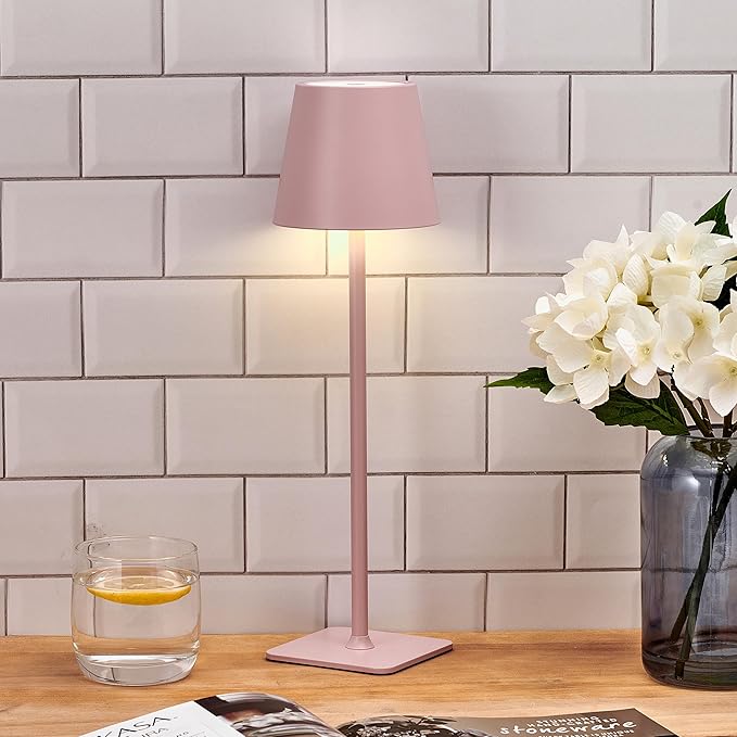 Mikasa LED Cordless Metal Table Lamp, Portable & Rechargeable 5,000 mAh Battery, 3-Color Stepless Dimming, Modern Pink Accent Light for Desk or Nightstand, 4.25 x 4.25 x 14.8 Inches