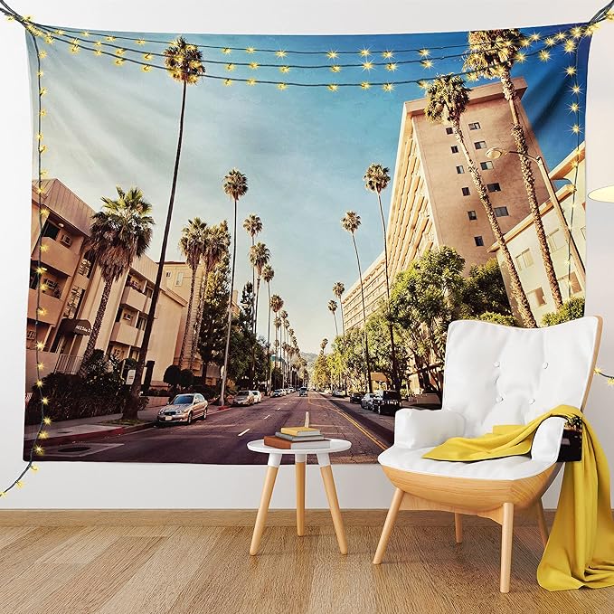 Ambesonne Urban Tapestry, Street in Beverly Hills CaliforniPalm Trees Houses Famous City Photo, Fabric Wall Hanging Decor for Bedroom Living Room Dorm, 23" X 28", Pale Blue Peach Green