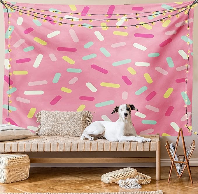 Ambesonne Pink and White Tapestry, Abstract Pattern of Colorful Donut Sprinkles Tasty Food Bakery Theme, Fabric Wall Hanging Decor for Bedroom Living Room Dorm, 45" X 30", Pink Yellow