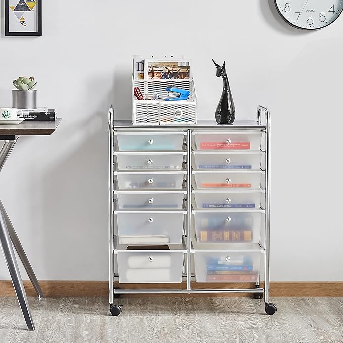 Yaheetech 12 Drawers Rolling Storage Cart Multipurpose Movable Organizer Cart Storage Bin Trolley Tools Scrapbook Paper Organizer on Wheels, White