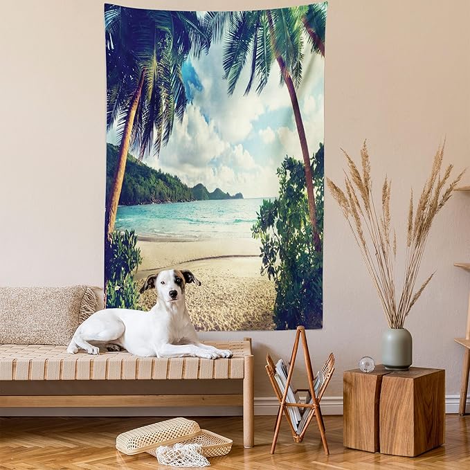 Ambesonne Palm Tree Tapestry, Summer Beach Vintage Style Tropical Sunset Picture Print, Wall Hanging for Bedroom Living Room Dorm Decor, 40" X 60", Dark Green Sand Brown