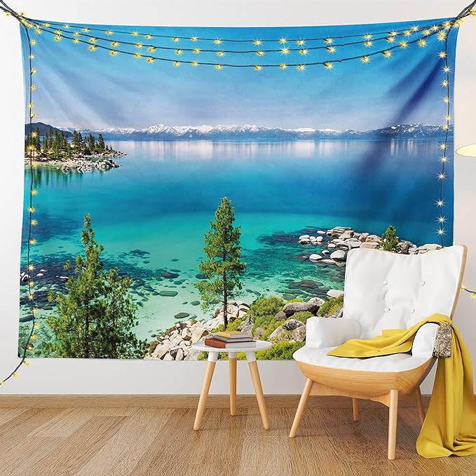 Ambesonne Blue Tapestry Twin Size, Tranquil View of Lake Tahoe Sierra Pines on Rocks with Turquoise Waters Shoreline, Wall Hanging Bedspread Bed Cover Wall Decor, 68" X 88", Blue Grey Green
