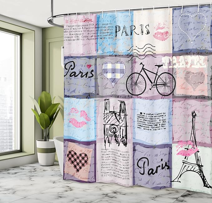 Ambesonne Paris Shower Curtain, Grunge Textured Retro Collage of France Famous Object Eiffel Tower Europe Theme, Cloth Fabric Bathroom Decor Set with Hooks, 69" W x 75" L, Multicolor Lilac