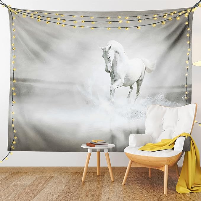 Ambesonne Horses Tapestry King Size, Wild Horse Running Through Water Dramatic for the Motivation of Life Art, Wall Hanging Bedspread Bed Cover Wall Decor, 104" X 88", Black and White
