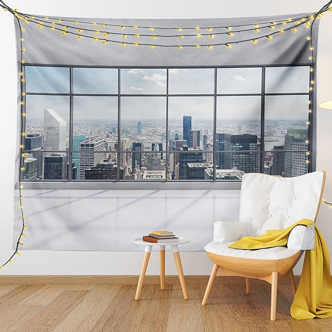 Ambesonne City Tapestry Twin Size, Clean Office with Big Window Downtown Skyscraper Buildings Domestic Cityscape Art, Wall Hanging Bedspread Bed Cover Wall Decor, 68" X 88", Grey White