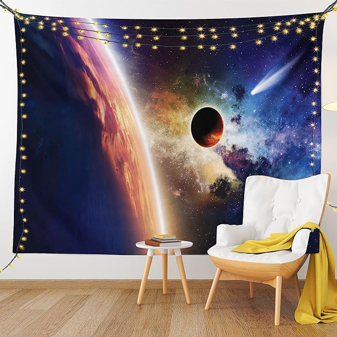 Ambesonne Outer Space Tapestry King Size, Comet Approaches Vibrant Planet Scientific Realities in Solar System World Scene, Wall Hanging Bedspread Bed Cover Wall Decor, 104" X 88", Blue Red