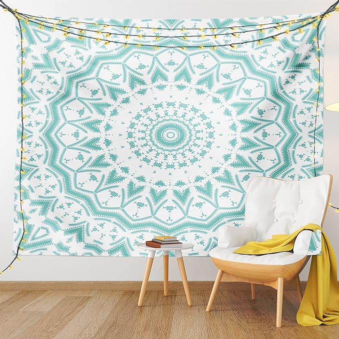 Ambesonne Aqua Tapestry, Mandala Tie Dye Effect Floral Leaves Seem Design Image Art Print, Wall Hanging for Bedroom Living Room Dorm Decor, 60" X 80", Sea Green White